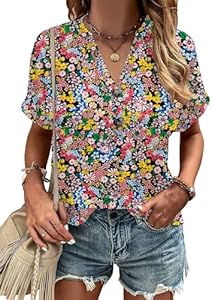 Micoson Short Sleeve Womens Tops Summer V Neck T-Shirts Dressy Casual Henley Blouses Button Basic Tee Loose Fit Micoson