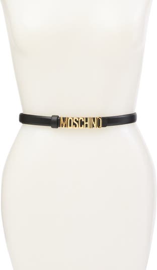 Тонкий кожаный ремень с золотым логотипом Moschino