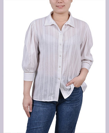 Хлопковая жаккардовая блуза Petite с пышными рукавами 3/4 NY Collection