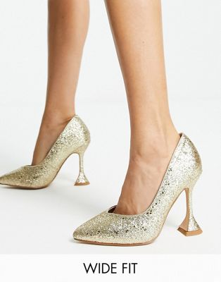 Be Mine Wide Fit Bridal Tassy glitter pumps in gold Be Mine Wide Fit