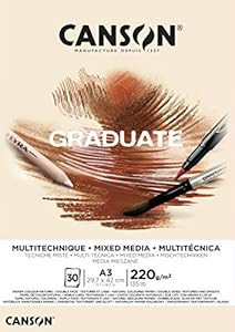 Canson Graduate Mixed Media 200gsm A3 Paper, Double Sided: Grained And Smooth, Pad Glued Short Side, 30 Natural Sheets, Ideal for Student Artists Canson