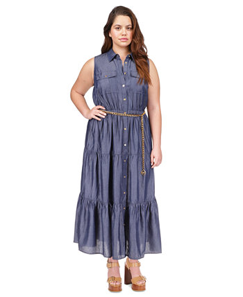 Многоярусное платье-рубашка больших размеров с поясом-цепочкой Michael Kors