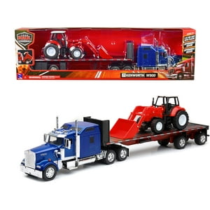 Kenworth W900 Truck with Flatbed Trailer Blue Met. w/Farm Tractor Red "Long Haul Truckers" Series 1/32 Diecast Model by New Ray New Ray Toys