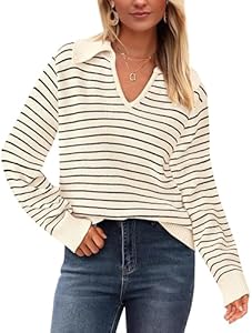 Yousify Womens Sweaters 2024 V Neck Long Sleeve Striped Tops Fall Winter Comfy Knit Clothes Pullover Sweater S-2XL Yousify