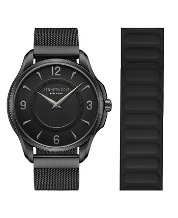 Мужские кварцевые классические черные часы из нержавеющей стали и силикона 42 мм, подарочный набор, 2 предмета Kenneth Cole