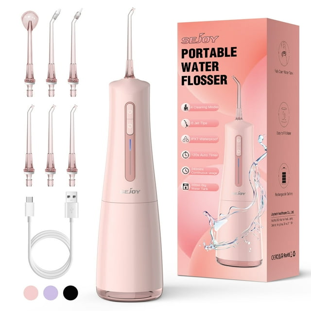 Sejoy Cordless Water Flosser, Professional Dental Teeth Cleaner, 300mL Tank USB Rechargeable Dental Oral Irrigator for Home and Travel, Pink Sejoy