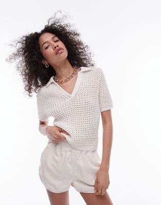 Topshop knit chunky polo top in cream TOPSHOP
