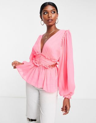 Неоново-розовая прозрачная блузка со складками на талии и вырезом на спине ASOS DESIGN ASOS DESIGN