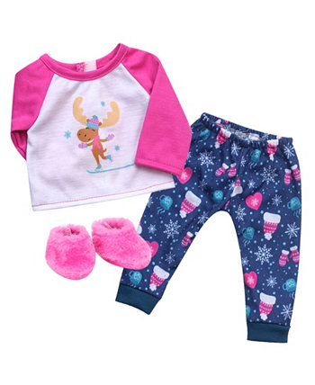 - 15" Doll - Moose Print Winter Pajama Slippers Set, 3 Piece Teamson Kids