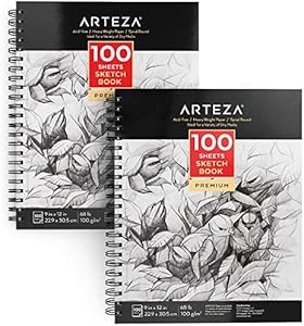 Arteza Sketch Book 2-Pack, 9x12 Inches, 200 Sheets, 100 Sheets Each Drawing Book, 68 lb, 100gsm Paper, Spiral Bound Artist Sketch Pad, Durable Acid Free Drawing Pad, for Adults and Teens, Bright White ARTEZA