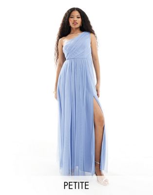 Anaya Petite bridesmaid tulle one shoulder maxi dress in soft blue Anaya