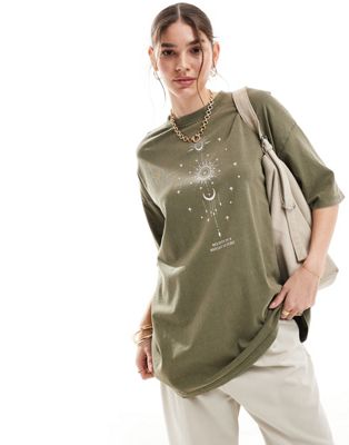 ONLY oversized cosmic print t-shirt in washed olive   ONLY