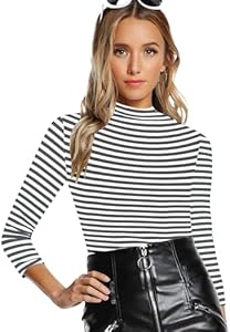 Floerns Women's Mock Turtleneck Long Sleeve Slim Fit Stretch Striped T-Shirts Tunic Tops Fall Fashion Trendy Outfits Clothes Floerns