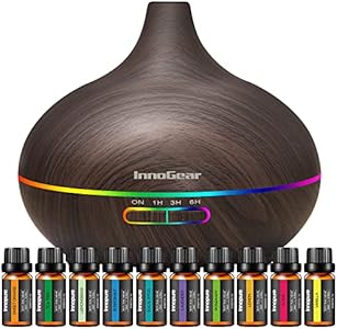 InnoGear Aromatherapy Diffuser & 10 Essential Oils Set, 400ml Diffuser Ultrasonic Diffuser Cool Mist Humidifier with 4 Timers 7 Colors Light Waterless Auto Off for Large Room Office, Dark Wood Grain InnoGear