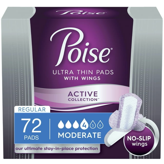 Poise Ultra Thin Women's Moderate - Regular Postpartum Incontinence Pads with Wings, 72 Count Poise