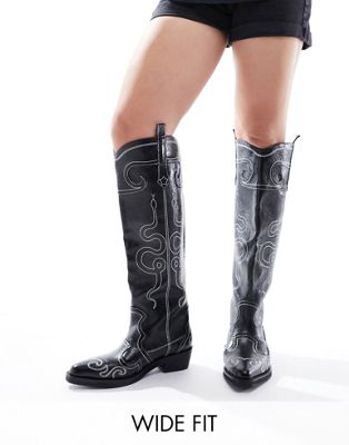 Public Desire Wide Fit Serpentine western boots with embroidery in black Public Desire
