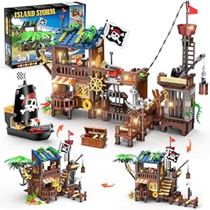 HOGOKIDS Pirate Ship House Building Set with LED Light - 3 Style Modes Pirate Wharf Supply Center Building Block Set, 781PCS STEM Bricks Kit for Kids Girls Boys Ages 6-12+ Birthday Gifts HogoKids