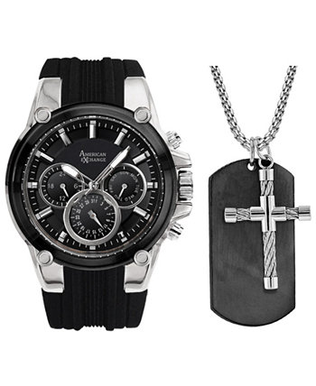 Подарочный набор мужских часов с черным ремешком 45 мм American Exchange