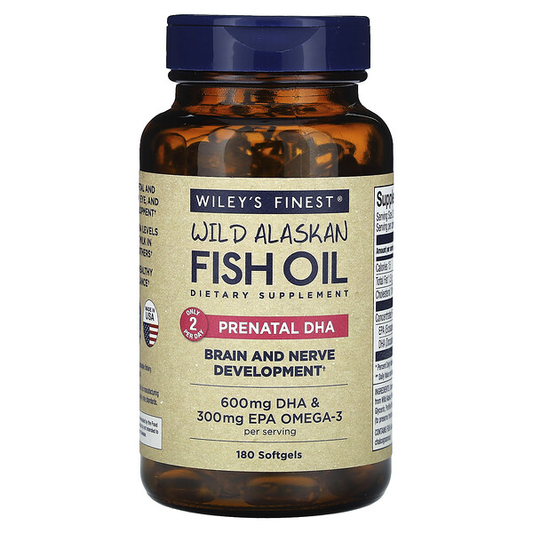 Жир дикой рыбы Аляски, ДГК для беременных, 600 мг, 180 мягких желатиновых капсул из рыбы Wiley's Finest