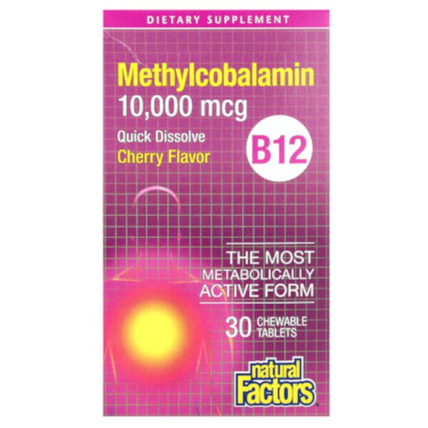 B12 Methylcobalamin, Cherry, 10 000 мкг, 30 жевательных таблеток Natural Factors