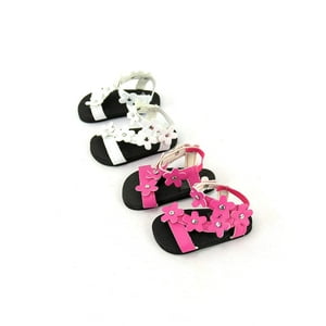 2 pack of flower power sandals: pink and white| Fits 18" American Girl Dolls, Madame Alexander, Our Generation, etc. | 18 Inch Doll Accessories American Fashion World