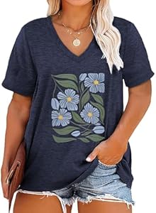 Womens Plus Size Tops Boho Floral Short Sleeve V Neck T-Shirt Casual Summer Wildflower Graphic Tees Robisomn