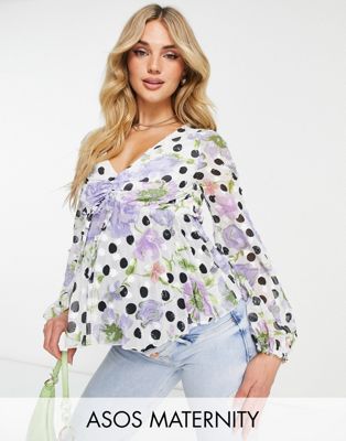 Блузка со сборками спереди и длинными рукавами ASOS DESIGN Maternity и плиссированной баской по низу в цветочный горошек ASOS DESIGN