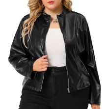 Women's Plus Size Zipper Pocket Faux Leather PU Motorcycle Jacket Agnes Orinda