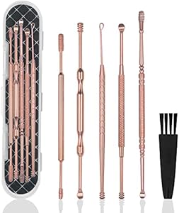 Hion 6 Pcs Ear Wax Removal Kit,Professional Double-Headed Ear Pick Earwax Removal Tools,316L Stainless Steel Ear Cleaner Curette with Cleaning Brush and Storage Box,Suit for Kid Adult(Black) Hion