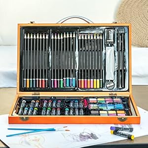 US 80+Piece Deluxe Artist Studio Creativity Set Wood Box Case - Art Painting, Sketching Drawing Set, 24 Watercolor Paint Colors, 24 Oil Pastels, 24 Colored Pencils, 2 Brushes, Starter Kit MAHITOI