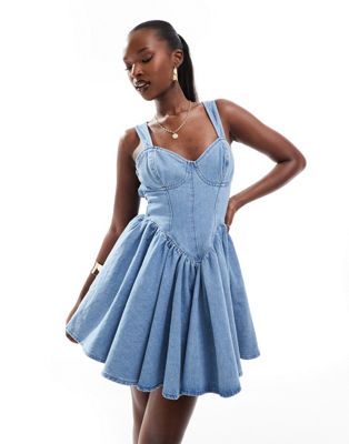 ASOS LUXE denim corseted skater mini dress with bow back in mid wash blue ASOS Luxe