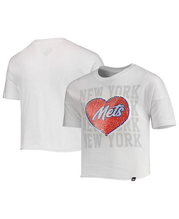 Girls Youth White New York Mets Flip Sequin Heart Crop Top New Era