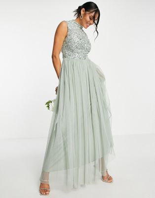 Украшенное платье миди Beauut Bridesmaid 2 в 1 с пышной юбкой из тюля цвета шалфея Beauut