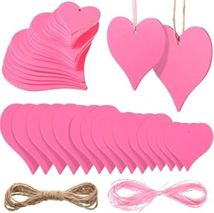 Jetec 24 Pieces Natural Handmade Wooden Heart Slices with Holes with 10 m Natural Rope Twine and 20 m High Density Polyester Ribbon for Wedding, Valentine's Day, Arts, Thanksgiving, Christmas (Pink) Jetec