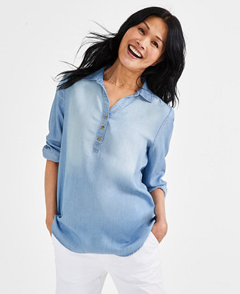 Women's Printed Chambray Popover Shirt, Created for Macy's Style & Co