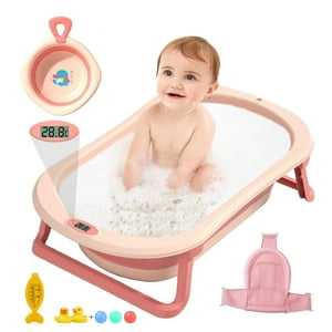 SLLINGLUO Portable Collapsible Infant Baby Bathtub with Soft Cushion, Thermometer and Toys, Pink SLLINGLUO