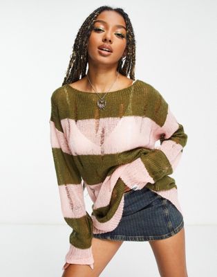 Basic Pleasure Mode open stitch striped oversized sweater in multi Basic Pleasure Mode