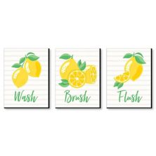 Big Dot of Happiness So Fresh - Lemon - Kids Bathroom Rules Wall Art - 7.5 x 10 inches - Set of 3 Signs - Wash, Brush, Flush Big Dot of Happiness