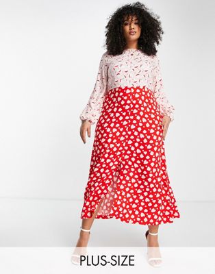 Closet London Plus contrast heart tea dress in baby pink and red Closet London Plus