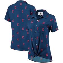 Женская темно-синяя рубашка с пуговицами Cleveland Indians All Over Logos FOCO