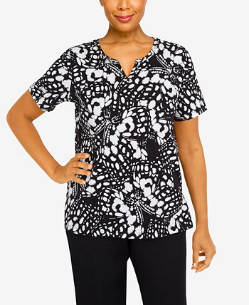 Petite Summer In The City Abstract Butterfly Split Neck Top Alfred Dunner