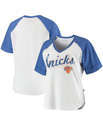 Женская бело-синяя футболка New York Knicks Around the Horn со стразами и регланом с треугольным вырезом и треугольным вырезом Touch
