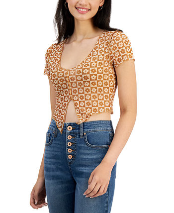 Juniors' Printed Mesh Notch-Front Cropped Top Just Polly