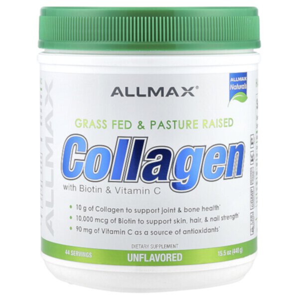 Grass Fed & Pasture Raised Collagen with Biotin &  Vitamin C, Unflavored (Без вкуса), 15.5 oz (Унции) (440 g) ALLMAX