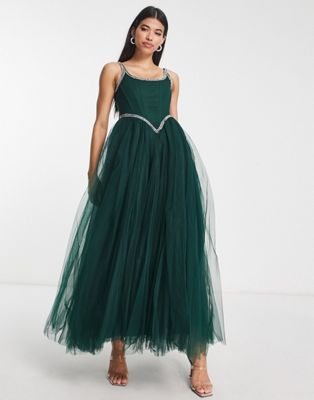 Lace & Beads exclusive corset embellished maxi dress in emerald green LACE & BEADS
