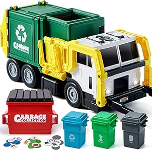 JOYIN Large Friction Powered Garbage Truck Toy Set, Includes Dumpster, Trash Bins, and Learning Cards for Kids JOYIN