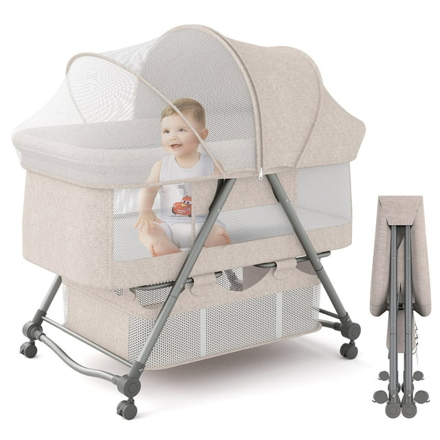 KORIMEFA Portable Crib for Baby, Baby Playards, Bedside Bassinet with Wheels, Heigt Adjustable, with Mosquito Nets, Large Storage Bag, for Infant Baby Newborn KORIMEFA