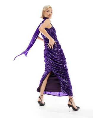 Пурпурное платье макси с драпировкой и пайетками Labelrail x Dyspnea Labelrail