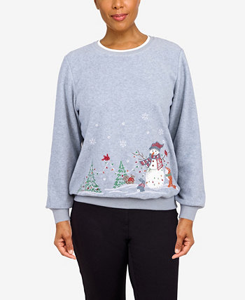 Petite Size Classics Border Snowman Pullover Top Alfred Dunner