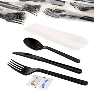 AmerCareRoyal 6-in-1 Disposable Silverware Medium Heavy Weight Plastic Utensil Set with Teaspoon, Fork, Knife, Salt & Pepper, 12x13 Napkin - Individually Wrapped Cutlery Meal Kit, Black, Case of 250 AmerCare